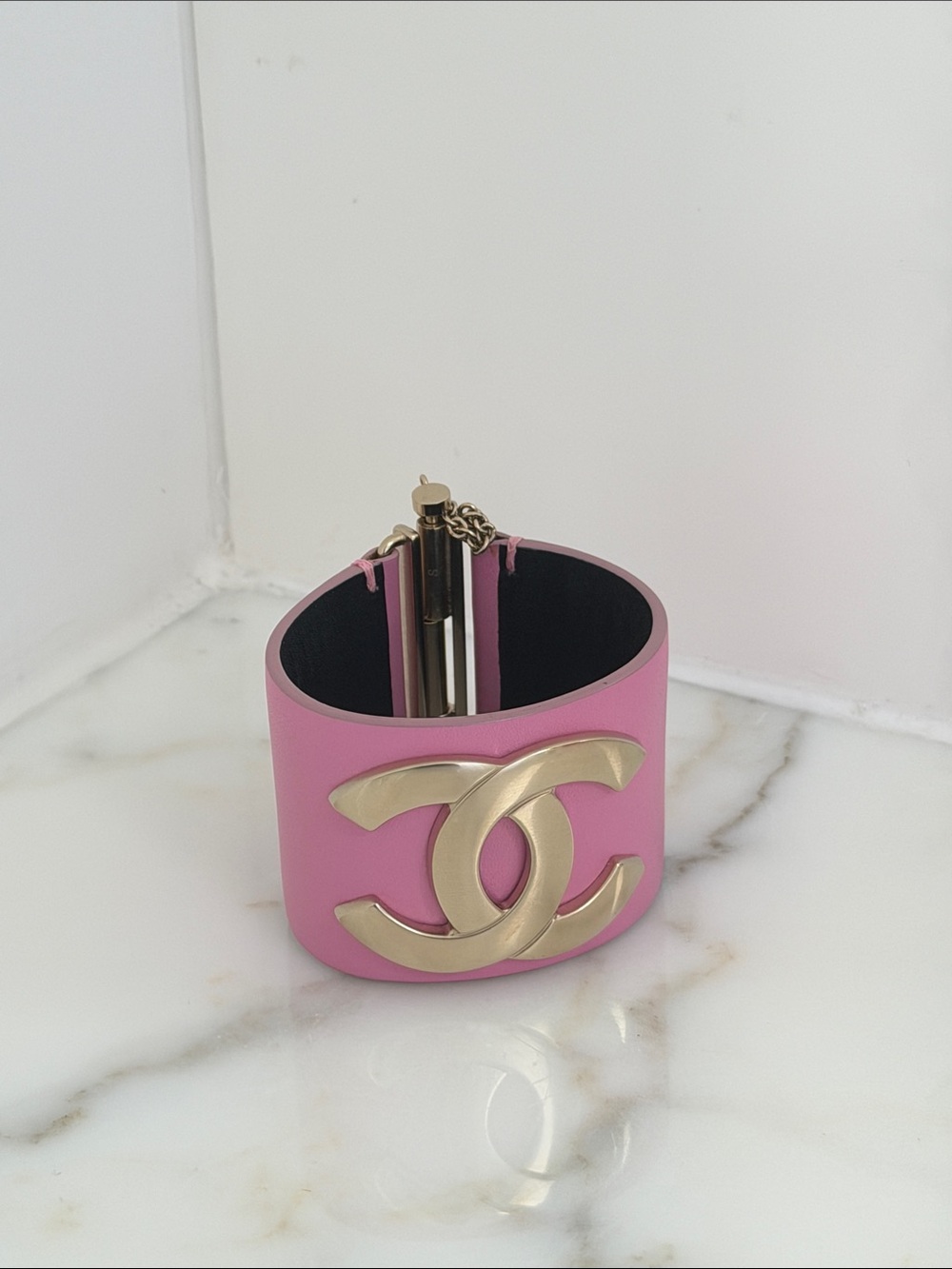 CHANEL Pink Leather Cuff Bracelet with Gold CC Logo